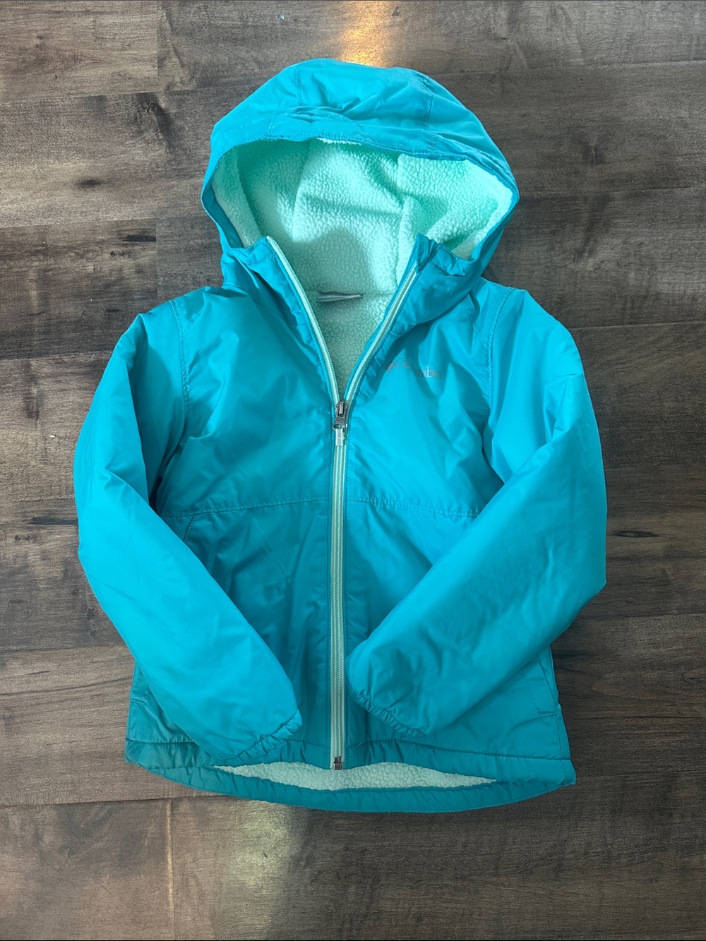 Girls size XS 6/7 Sherpa lined Columbia Kids Teal Blue Hooded Raincoat